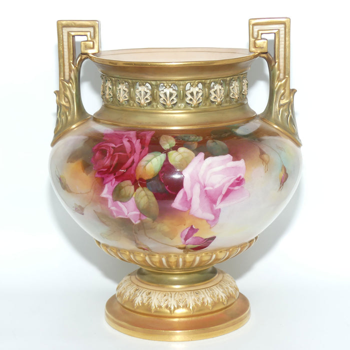 Royal Worcester hand painted Hadley Roses Twin Handle Jardiniere with pierced gallery | Harry Martin