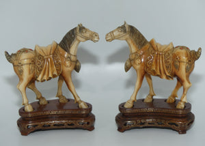 Superb Pair of Chinese Carved Ivory Warrior Horses on wooden stands | set with Coral