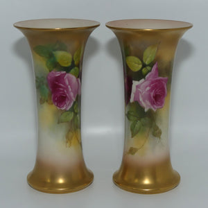 Royal Worcester hand painted pair of roses and gilt trumpet vases | Hunt