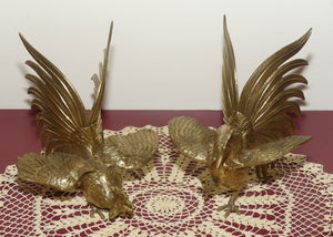 Pair of Vintage Brass Fighting Cockerels | Fighting Roosters | Solid Tails