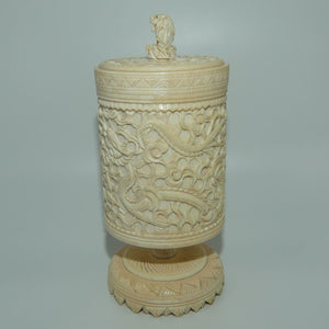 Elaborately carved Ivory lidded pot | Lion finial | Continuous Dragon