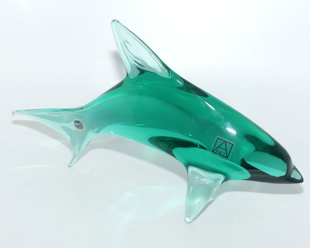 Bohemian Czech Art Glass Dolphin Figurine signed Miloslav Janku | Green