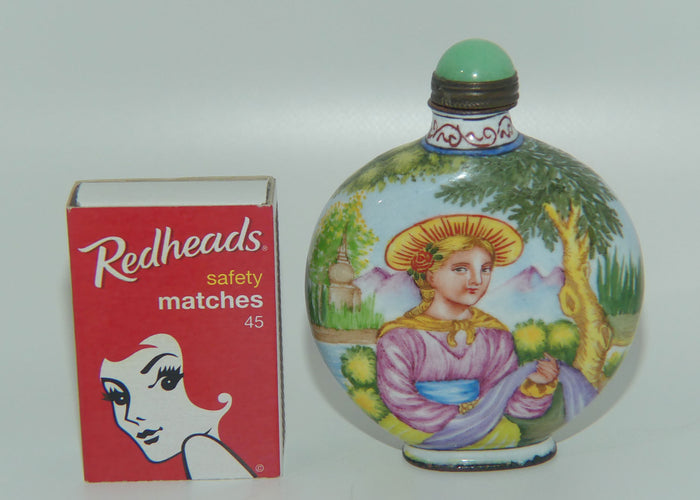 Chinese Hand Painted Enamel on Copper Snuff bottle | European Ladies on Either side | Green lid