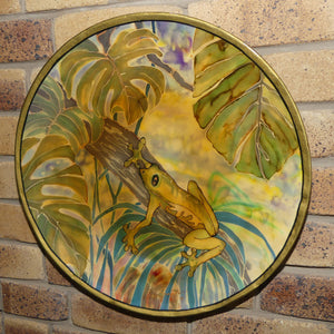 Papier Mache and Handpainted Silk wall plaque depicting Green Tree Frog | K & D Courtenay 1995