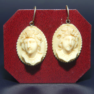 Pair of Victorian era Relief Carved Cameo Ivory earrings