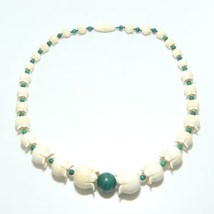Ivory and Malachite Necklace | Japanese Tulip shape Ivory beads 