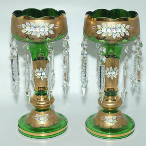 Pair of Bohemian Hand Painted and Heavily Gilt Green Glass Lustres c.1970