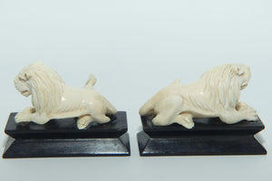 Pair of Chinese Carved Ivory small Lion Figures on Ebony bases | c.1950