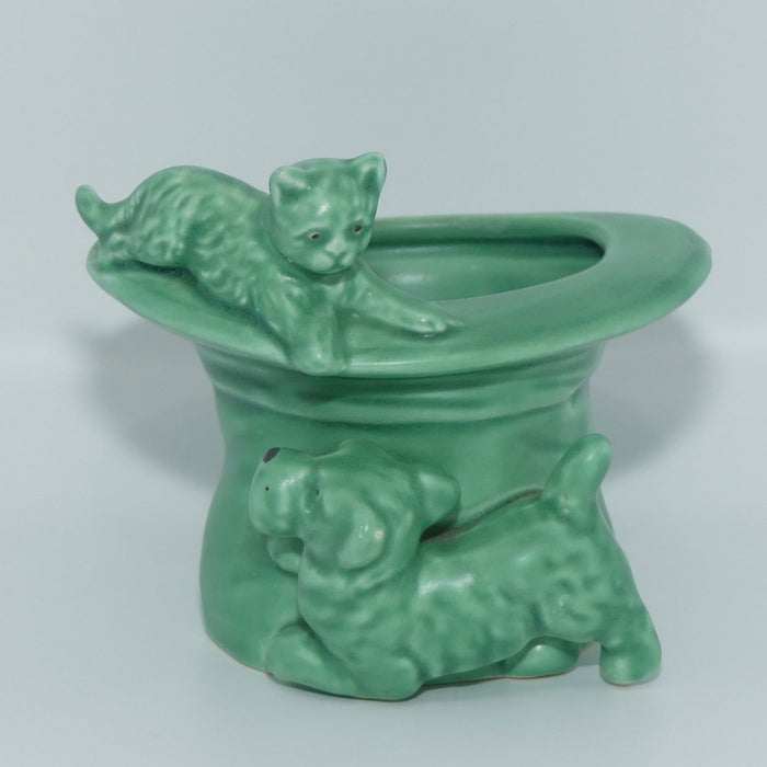 SylvaC #1484 | Green Cat on Upturned Hat with Dog