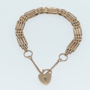 9ct | Italian 375 | Rose Gold 4 bar gatelink bracelet, heart padlock and safety chain