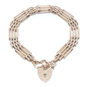 9ct | Italian 375 | Rose Gold 4 bar gatelink bracelet, heart padlock and safety chain