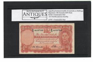 1949 Commonwealth of Australia 10 Shillings | Coombs Watt | Consec Pair | A71 610762 and A71 610763 | aUNC