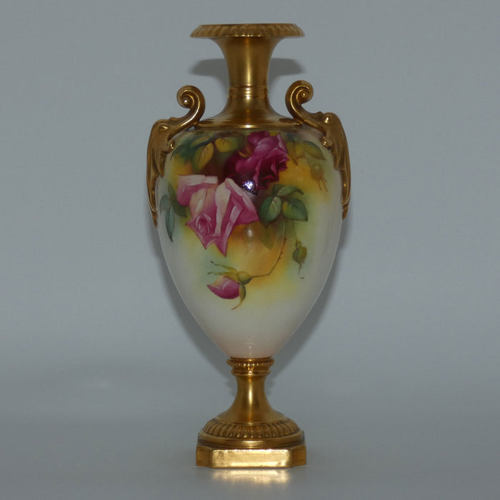 Royal Worcester hand painted roses handled vase with square base (Hunt)