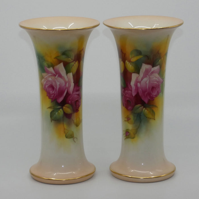 Royal Worcester hand painted pair of matched opposing scene roses very tall trumpet vases (Hunt)