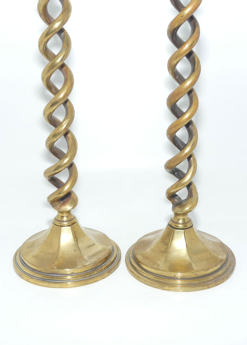 Pair of Brass Open Barley Twist candlesticks, 15 inch