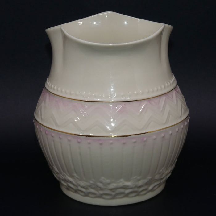 Belleek Embossed Chevrons pattern wide vase | Fluted Rim | Pink | Gold Mark
