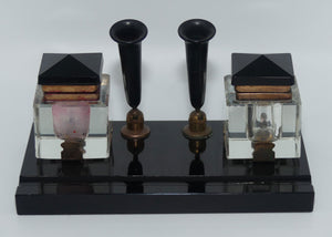 Art Deco Jet Glass, Crystal and Bakelite twin inkwell desk set