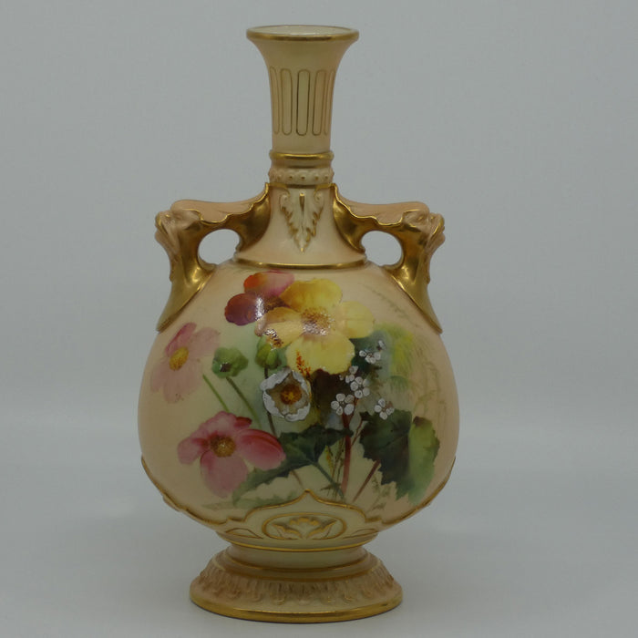 Royal Worcester Blush Ivory hand painted four petal yellow and pink flowers bulbous handled vase