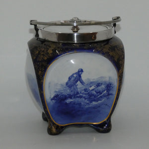 doulton-burslem-hunting-and-game-keeping-unusual-biscuit-barrel-with-epns-handle-and-lid