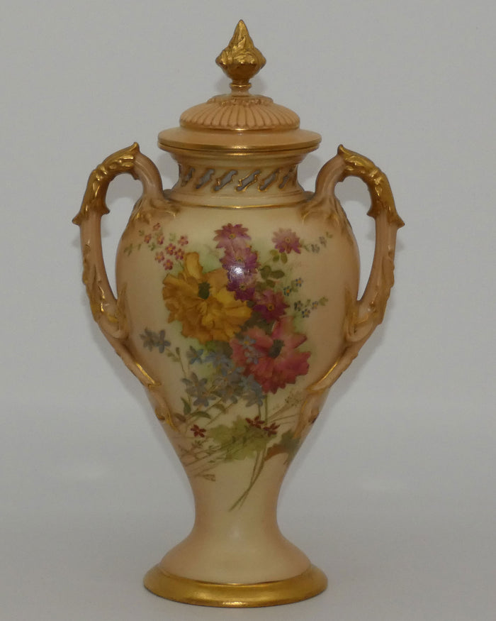 Royal Worcester Blush Ivory hand painted floral lidded and handled urn with reticulated neck