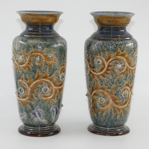 doulton-lambeth-george-tinworth-stoneware-pair-of-conical-vases-with-applied-baguette-beads-and-foliage