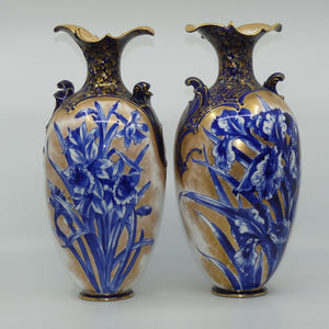 doulton-burslem-blue-iris-and-daffodil-pair-of-large-fancy-bulbous-vases-with-little-handles-and-gilt-highlights