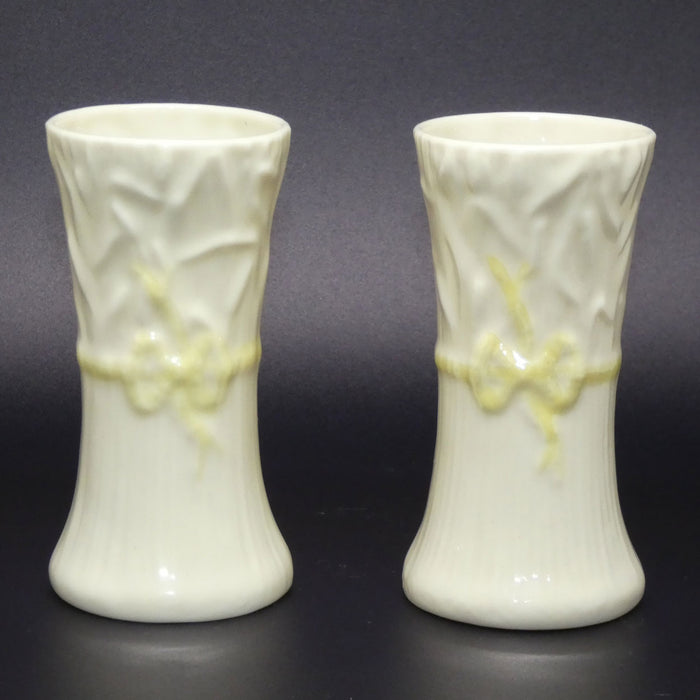 Belleek pair of Ribbon Spill vases | Gold Mark