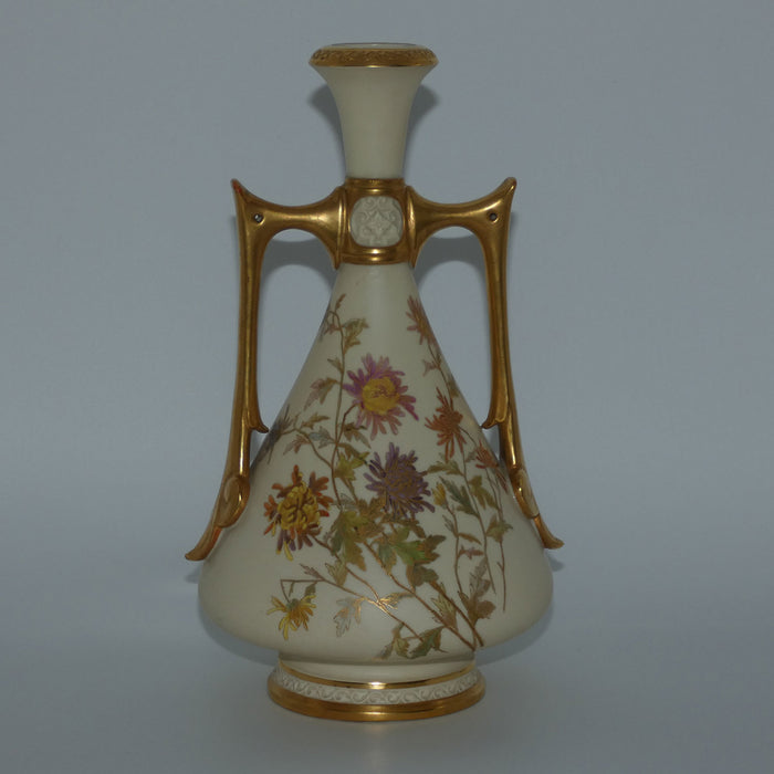 Royal Worcester Blush Ivory hand painted tall bulbous vase with vertical gilt handles