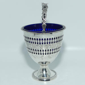 Victorian | Sterling Silver sugar basket with pierced decoration, bead edge and blue glass liner | Sheffield 1850
