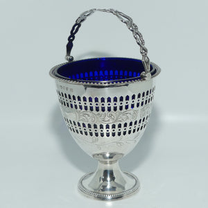 Victorian | Sterling Silver sugar basket with pierced decoration, bead edge and blue glass liner | Sheffield 1850