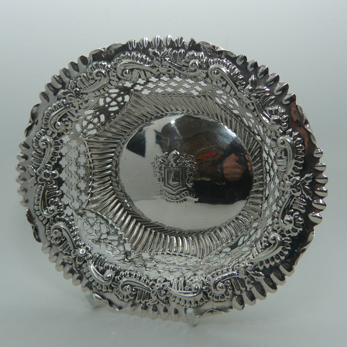 Late Victorian Sterling Silver openwork bon bon dish | Sheffield 1902 | The Mercer's Co emblem Honor Deo