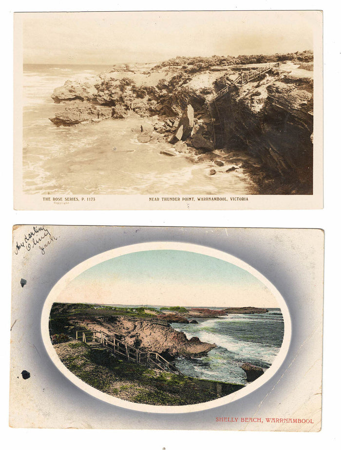 2 early Warrnambool Victoria Postcards | Shelly Beach | Rose series P1173 Thunder Point, Warrnambool