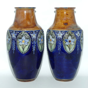 Royal Doulton pair of stoneware Floral panel and border vases | Blue Ground | 8133