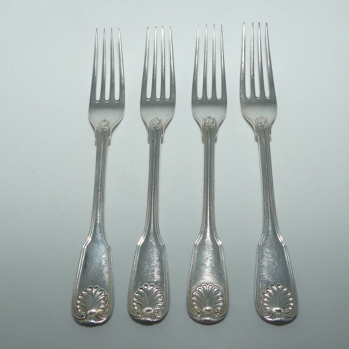 European Silver | 830 | 835 Silver | 4 Fiddle, Thread and Shell pattern forks | 188g