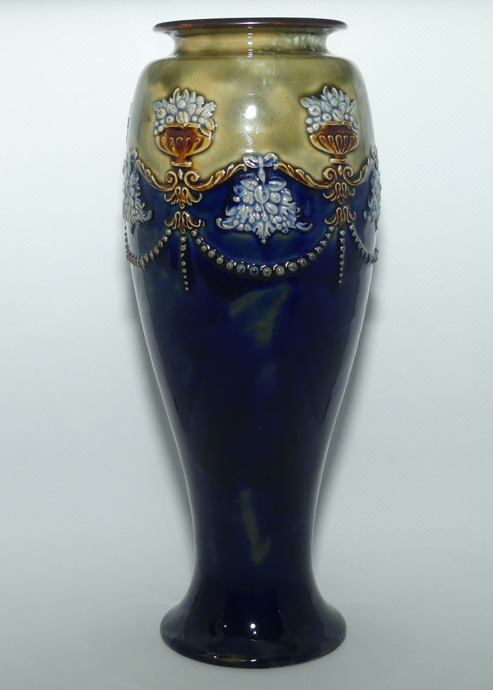 Royal Doulton stoneware vase with applied beads, foliage and urns filled with fruit | stamped 8669