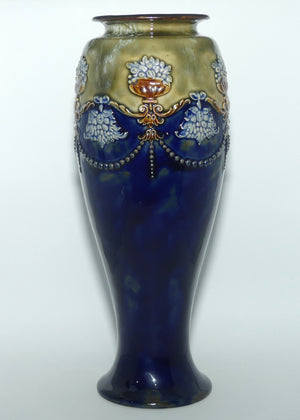 Royal Doulton stoneware vase with applied beads, foliage and urns filled with fruit | stamped 8699 