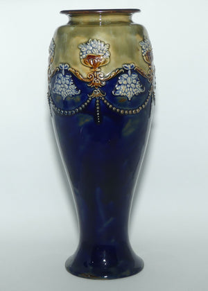 Royal Doulton stoneware vase with applied beads, foliage and urns filled with fruit | stamped 8699 