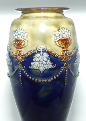 Royal Doulton stoneware vase with applied beads, foliage and urns filled with fruit | stamped 8669