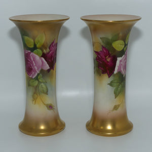 Royal Worcester hand painted pair of roses and gilt trumpet vases | Hunt