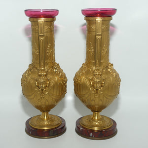 19th Century Gilt Bronze Neoclassical Decorative Vases by Ferdinand Barbedienne | with Cranberry glass inserts