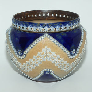 Royal Doulton Lambeth Slaters Patent jardiniere with pierced rim and beaded and lace decoration