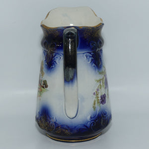 English Staffordshire Flow Blue jug | Country Scene and Pansies