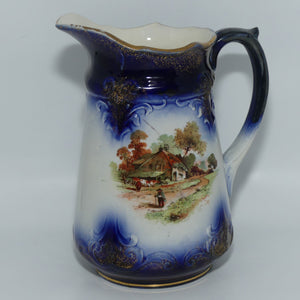 English Staffordshire Flow Blue jug | Country Scene and Pansies