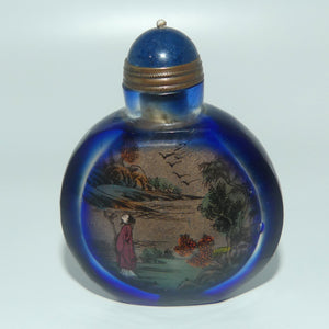 Chinese Cobalt Blue and Clear Reverse Painted double scene Snuff Bottle