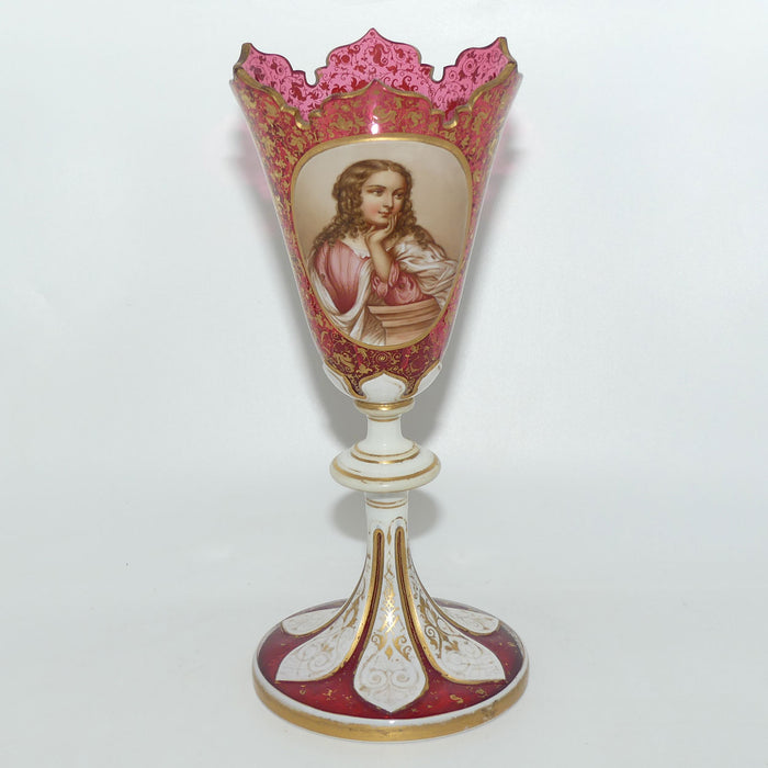 Victorian era Cranberry With Milk Glass Panels chalice decorated with Maiden