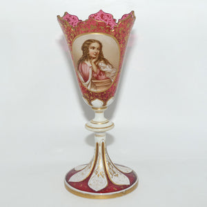 Victorian era Cranberry With Milk Glass Panels chalice decorated with Maiden