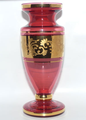 Bohemian Cranberry Glass vase | Wheel Cut and Gilt decorated  