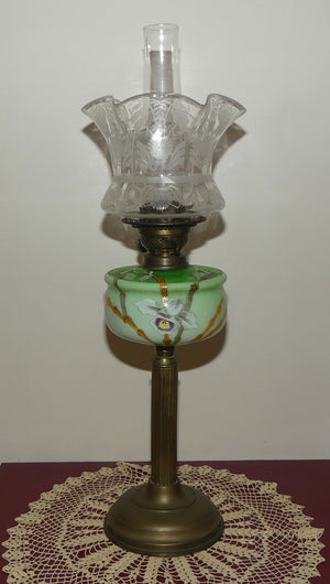 Victorian era Duplex Burner Oil lamp with Brass column, hand painted glass font, chimney and shade