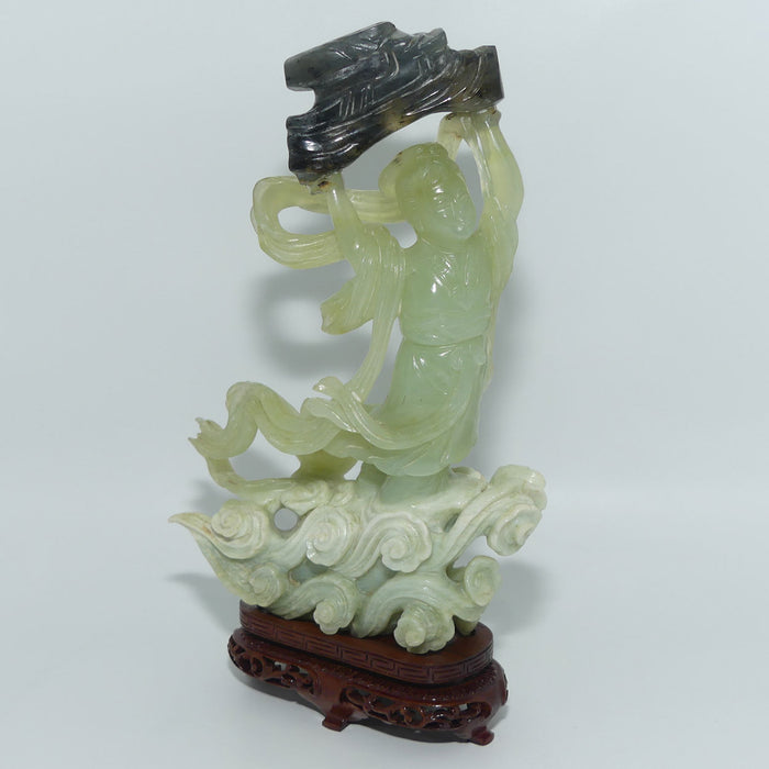 Mid 20th Century Chinese Nephrite Green Jade Lady Carrying Log to Afterlife on stand