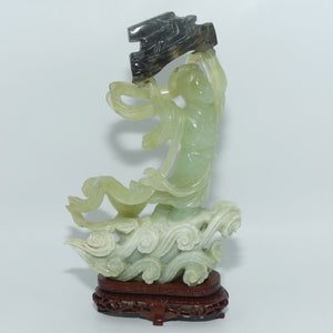 Mid 20th Century Chinese Nephrite Green Jade Lady Carrying Log to Afterlife on stand